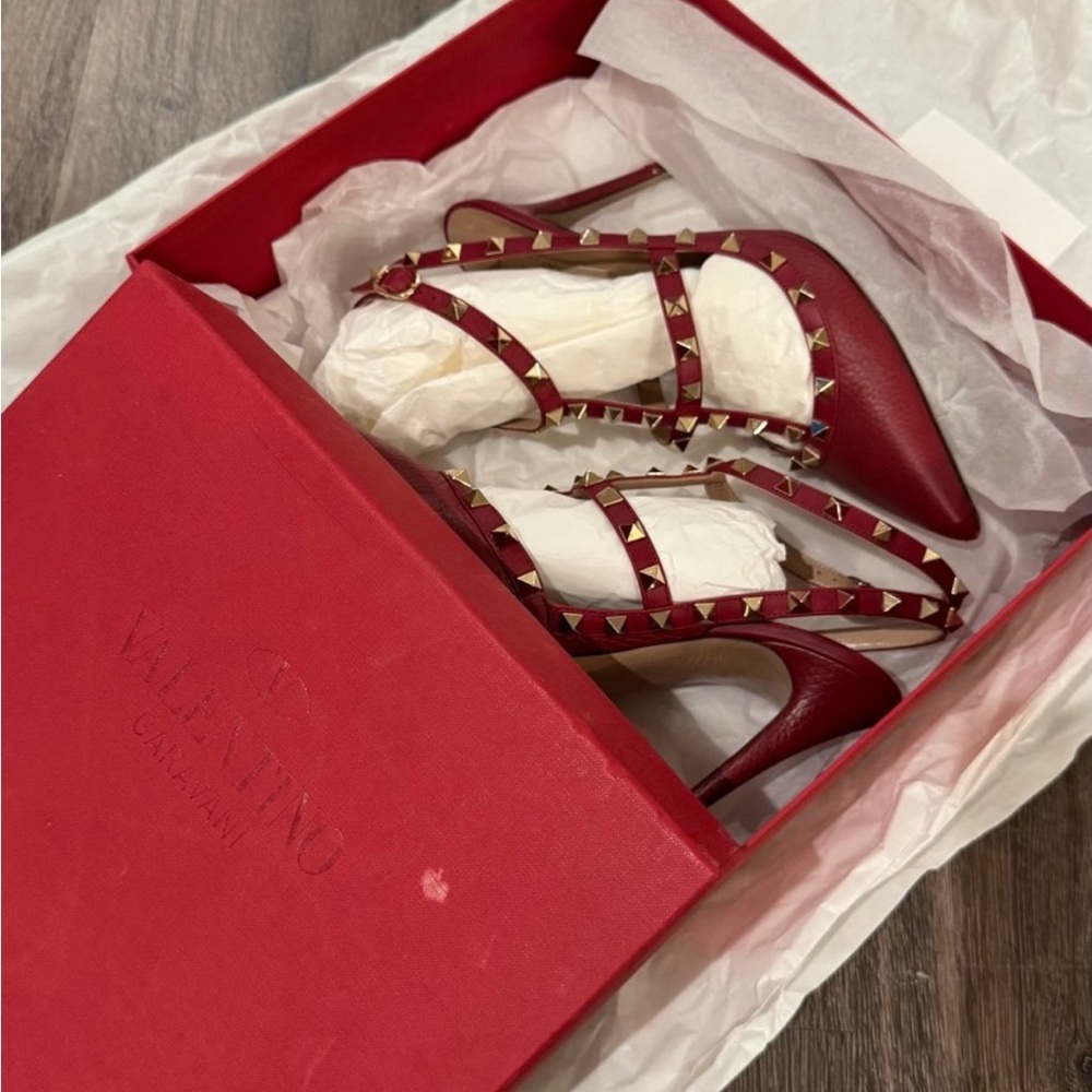Valentino Red and Gold Studded Heels - Picture 7 of 9